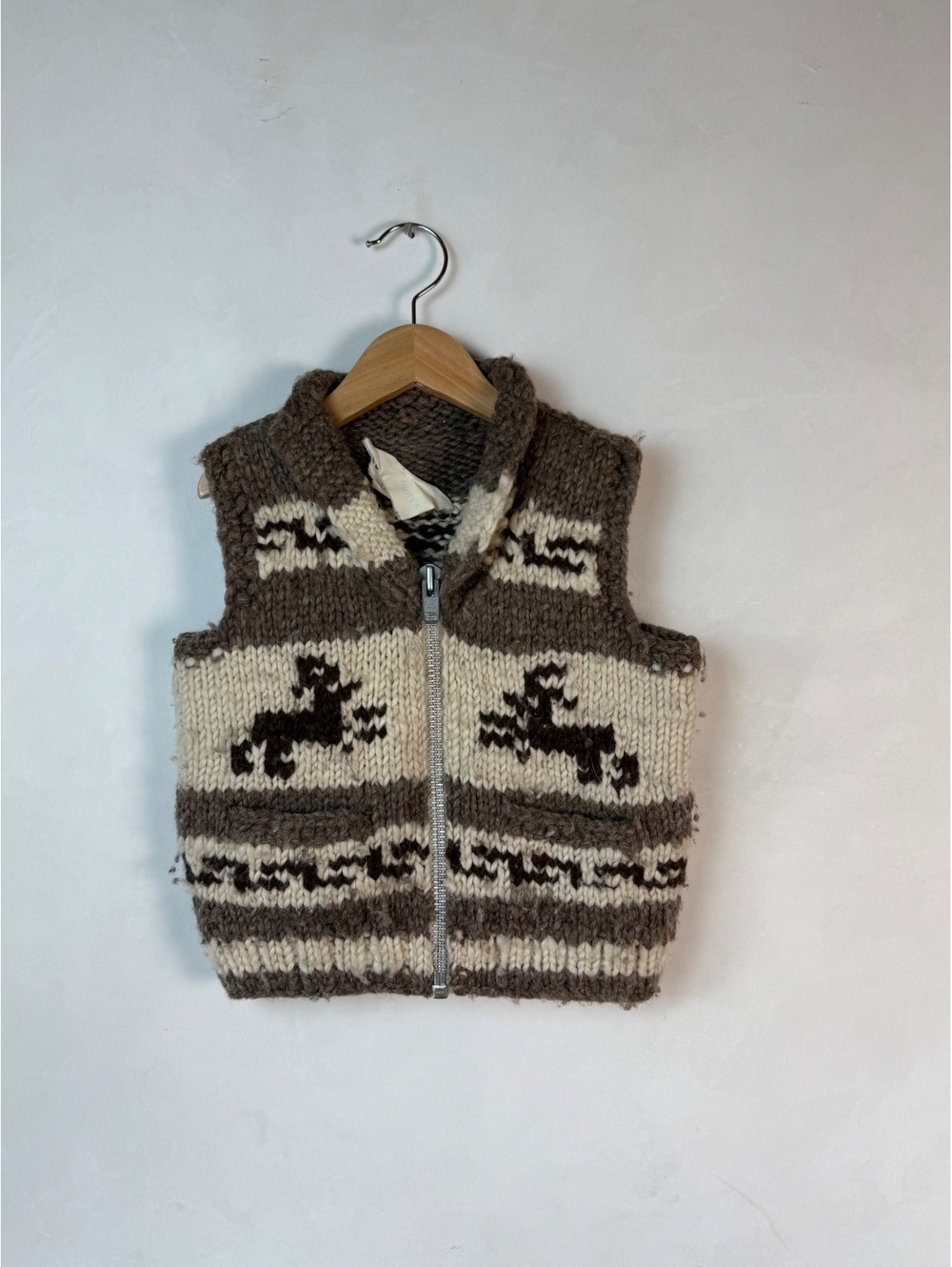Kids Vintage Hand-Knit Brown and Cream Wool Vest with Deer Pattern